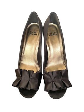 Stuart Weitzman Gigiritz Brown Satin Peep Toe Ruffle Pumps 7